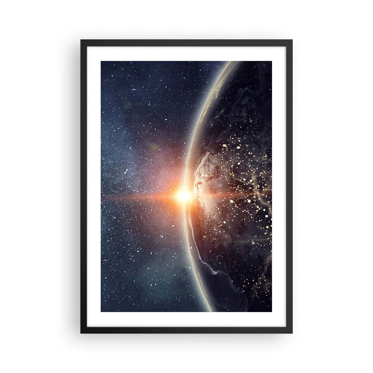 Poster in cornice nera - La Terra dallo spazio illuminata dal sole nascente - 50x70cm - In una nuova prospettiva - Decorazione murale moderna per soggiorno e camera da letto ARTTOR