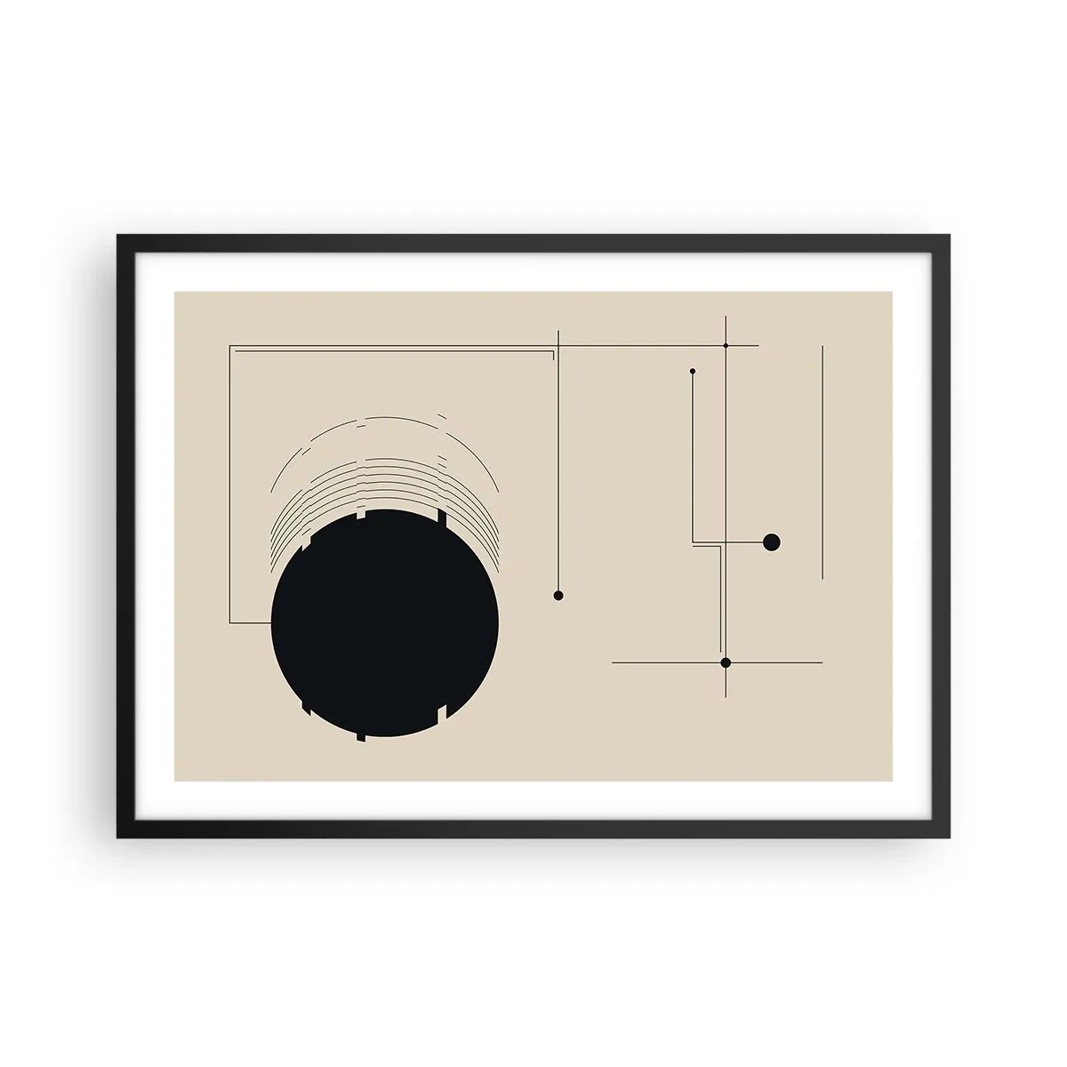 Poster in cornice nera - Linee geometriche nere e un cerchio su uno sfondo beige - 70x50cm - Composizione elastica e dinamica - Decorazione murale moderna per soggiorno e camera da letto ARTTOR