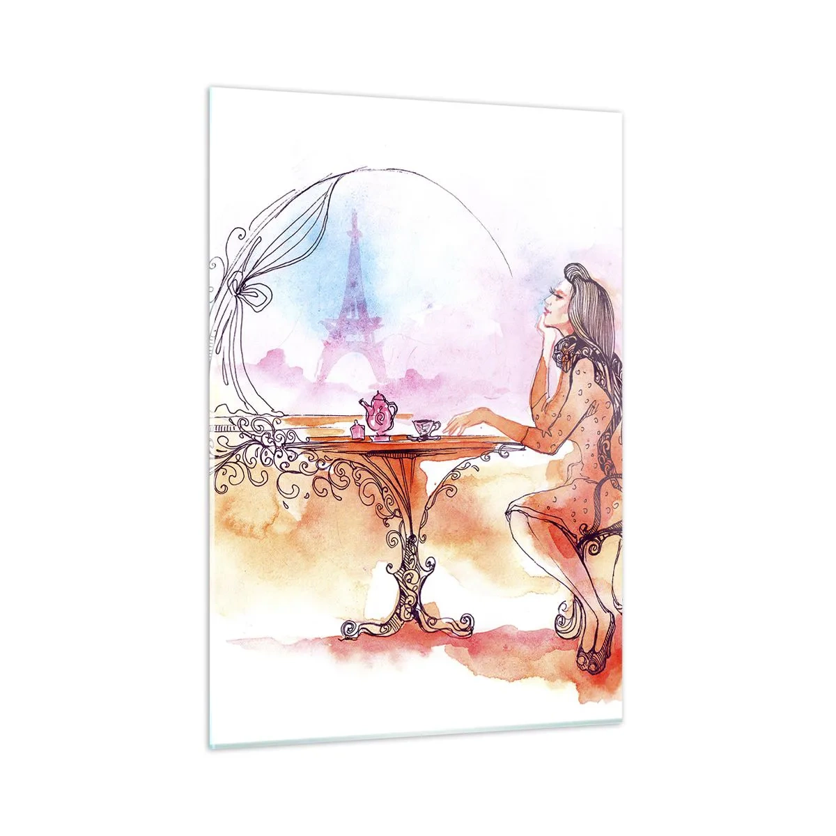 Quadro su vetro - Una donna seduta a un tavolo con vista sulla Torre Eiffel in toni pastello - 50x70cm - Chic parigino - Decorazione murale moderna per soggiorno e camera da letto ARTTOR