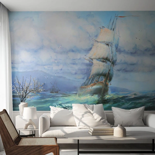 Fotomurali Standard Eco - Una nave a vela su un mare in tempesta tra le nuvole - 100x70cm - Con il vento in favore - Decorazione murale moderna per soggiorno e camera da letto ARTTOR