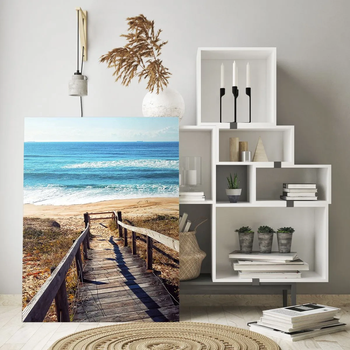 Quadro su vetro - Sentiero in legno che conduce alla spiaggia - 70x100cm - Corri! - Decorazione murale moderna per soggiorno e camera da letto ARTTOR
