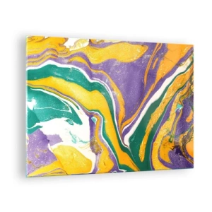 Quadro su vetro - Motivo ondulato astratto in giallo, viola e verde - 70x50cm - Onde di colore - Decorazione murale moderna per soggiorno e camera da letto ARTTOR
