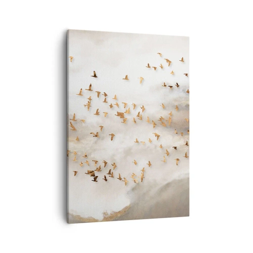 Quadro su tela - Stampe su Tela - Uccelli dorati contro le montagne nebbiose - 50x70cm - È giunto il momento... - Decorazione murale moderna per soggiorno e camera da letto ARTTOR