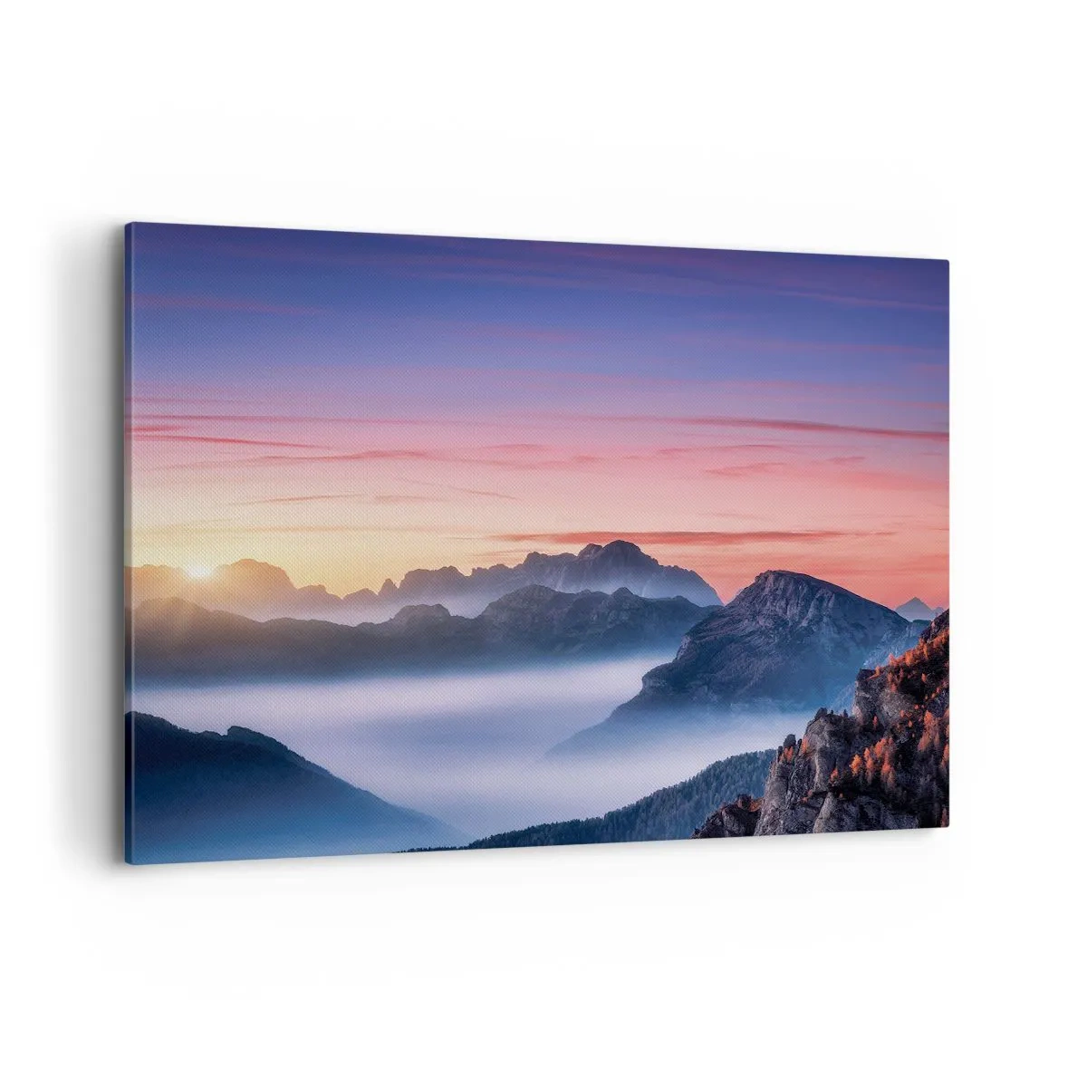 Quadro su tela - Stampe su Tela - Paesaggio montano all'alba con nebbia nelle valli - 120x80cm - Sopra le valli - Decorazione murale moderna per soggiorno e camera da letto ARTTOR