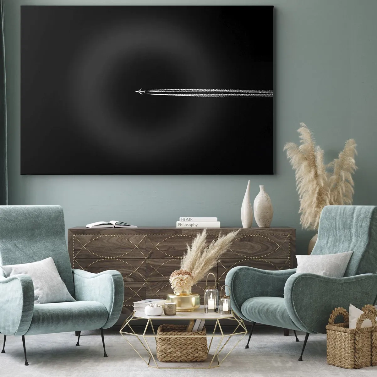 Quadro su tela - Stampe su Tela - Un aereo a reazione con una scia di condensazione visibile su uno sfondo nero - 70x50cm - In un'altra dimensione - Decorazione murale moderna per soggiorno e camera da letto ARTTOR