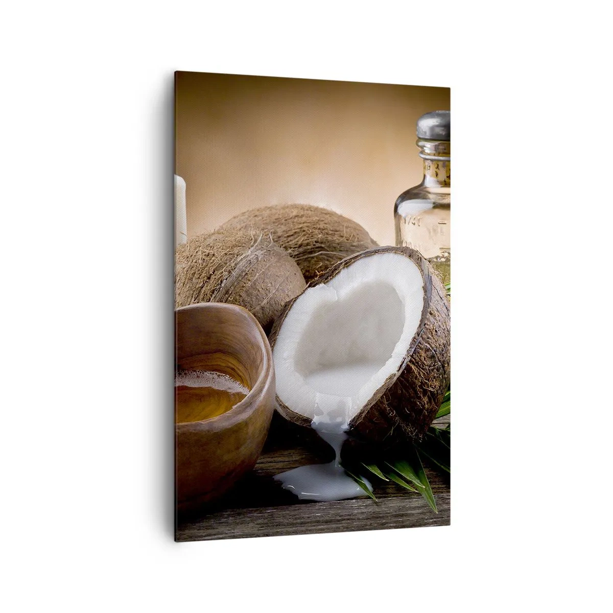 Quadro su tela - Stampe su Tela - Noci di cocco, candela e olio su uno sfondo di legno - 80x120cm - Salute dalle isole tropicali - Decorazione murale moderna per soggiorno e camera da letto ARTTOR