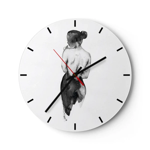 Orologio da parete - Orologio in Vetro - Silhouette in bianco e nero di una donna con la schiena scoperta - 30x30cm - Accanto a lei il mondo scompare - Decorazione murale moderna per soggiorno, cucina e camera da letto ARTTOR