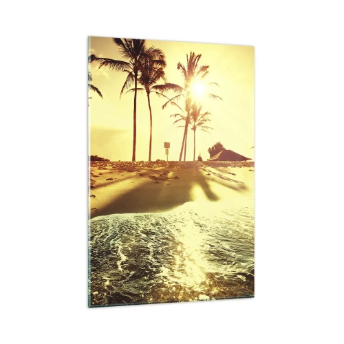 Quadro su vetro - Una spiaggia con palme illuminata da un caldo tramonto - 80x120cm - Pomeriggio in California - Decorazione murale moderna per soggiorno e camera da letto ARTTOR