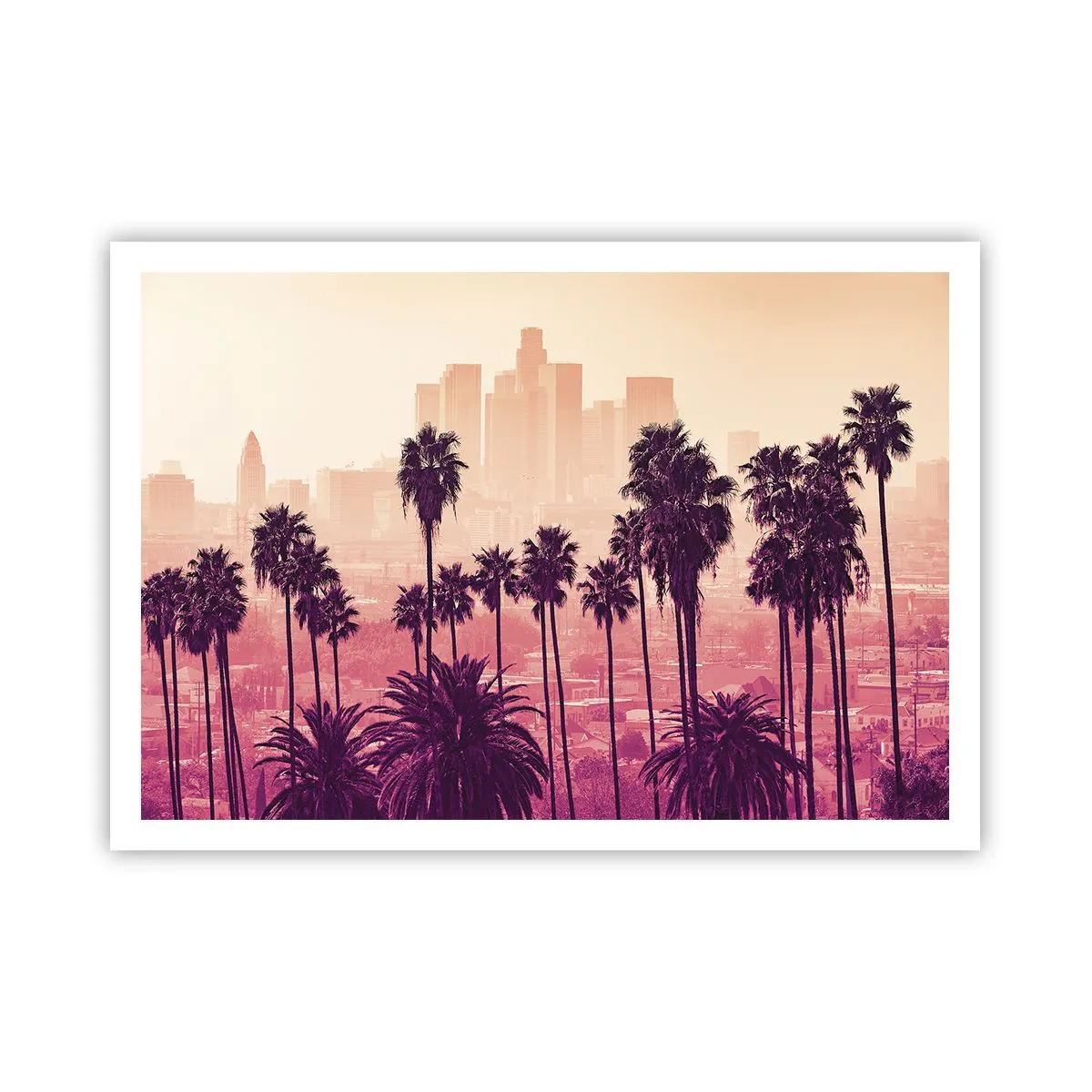 Poster - Palme sullo sfondo di un paesaggio urbano dai colori caldi - 100x70cm - Paesaggio della California - Decorazione murale moderna per soggiorno e camera da letto ARTTOR