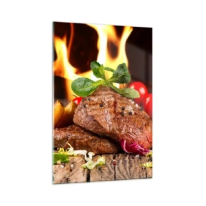 Quadro su vetro - Bistecca alla griglia con contorni sullo sfondo delle fiamme - 80x120cm - Incantate dal fuoco - Decorazione murale moderna per soggiorno e camera da letto ARTTOR