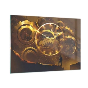 Quadro su vetro - Ingranaggi steampunk dorati con retroilluminazione su una sagoma umana - 100x70cm - Alla fonte del tempo - Decorazione murale moderna per soggiorno e camera da letto ARTTOR
