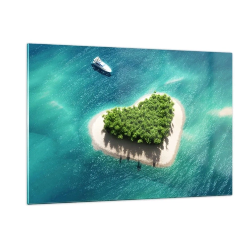 Quadro su vetro - Illustrazione di un'isola a forma di cuore con una barca sullo sfondo di un mare turchese - 120x80cm - Amo l'estate - Decorazione murale moderna per soggiorno e camera da letto ARTTOR