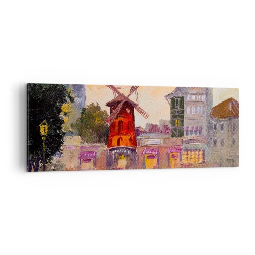 Quadro su tela - Stampe su Tela - Il mulino a vento rosso del Moulin Rouge circondato dal paesaggio urbano - 140x50cm - Le icone di Parigi: il Moulin Rouge - Decorazione murale moderna per soggiorno e camera da letto ARTTOR