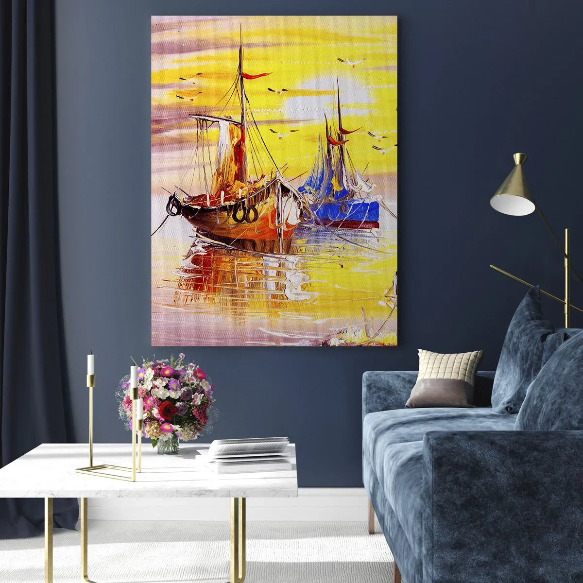Quadro su vetro - Barche da pesca al tramonto su acque calme - 50x70cm - Meritato riposo nel porto - Decorazione murale moderna per soggiorno e camera da letto ARTTOR