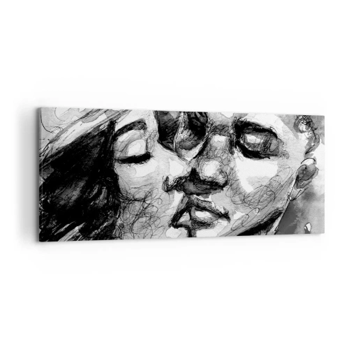 Quadro su tela - Stampe su Tela - Un acquerello in bianco e nero che raffigura un momento intimo tra due persone. - 120x50cm - Un attimo di tenerezza - Decorazione murale moderna per soggiorno e camera da letto ARTTOR
