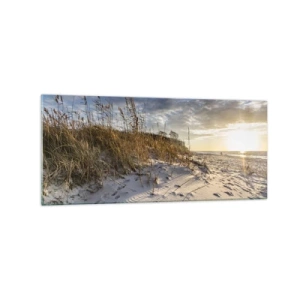 Quadro su vetro - Dune con erba e impronte nella sabbia al tramonto - 120x50cm - Invito a passeggiare - Decorazione murale moderna per soggiorno e camera da letto ARTTOR