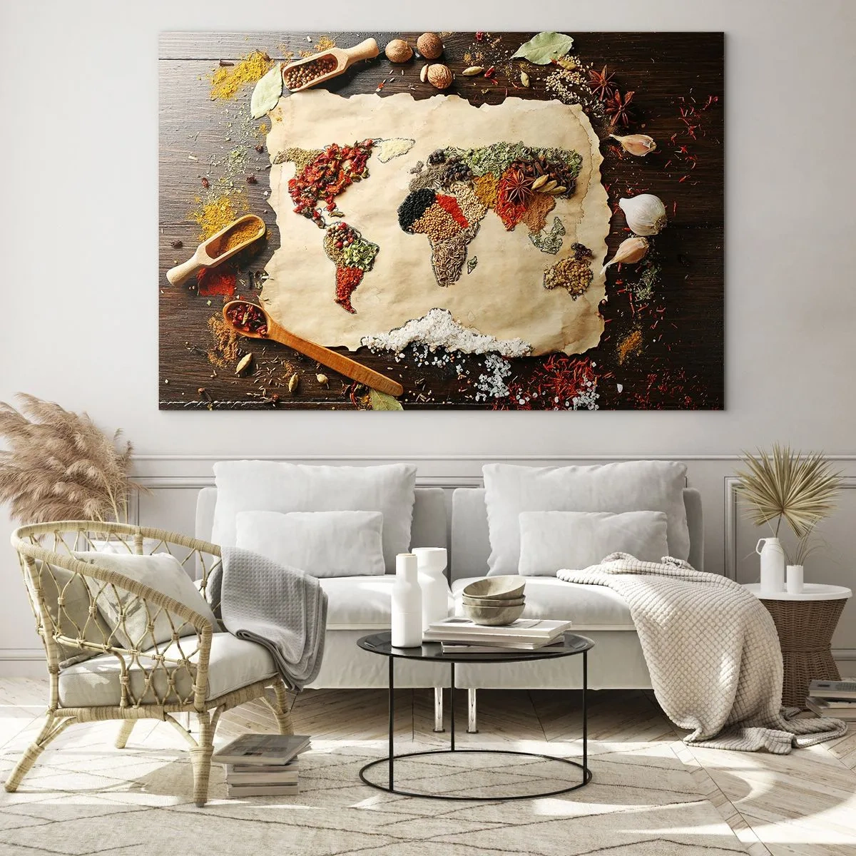Quadro su vetro - Una mappa del mondo composta da varie spezie su uno sfondo rustico. - 100x70cm - Tutti i gusti del mondo - Decorazione murale moderna per soggiorno e camera da letto ARTTOR