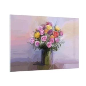 Quadro su vetro - Un mazzo di rose in un vaso di vetro su uno sfondo pastello - 100x70cm - Bellezza immobile - Decorazione murale moderna per soggiorno e camera da letto ARTTOR