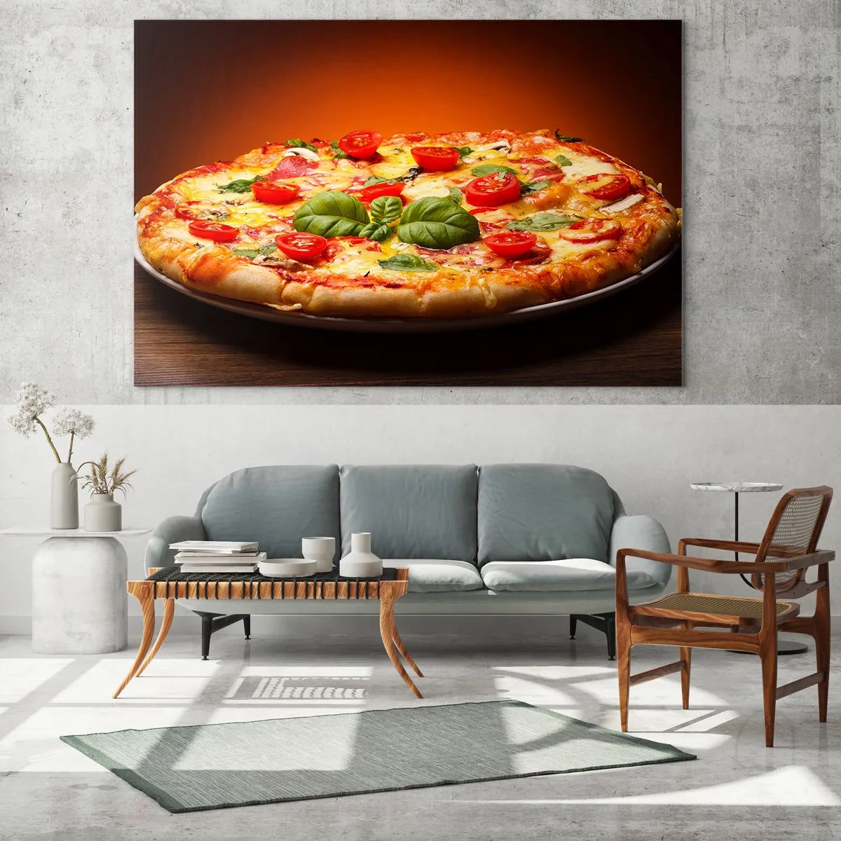 Quadro su vetro - Pizza con pomodori, basilico e formaggio fuso - 100x70cm - Mamma mia! - Decorazione murale moderna per soggiorno e camera da letto ARTTOR