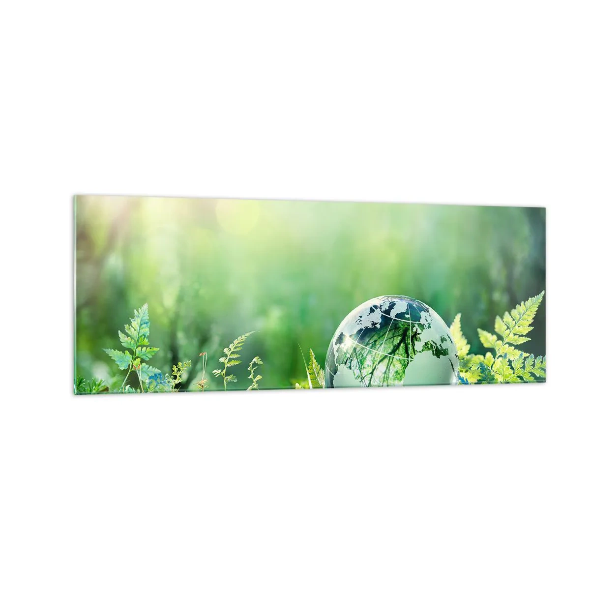 Quadro su vetro - Un globo di cristallo tra il verde della natura - 140x50cm - Pianeta verde - Decorazione murale moderna per soggiorno e camera da letto ARTTOR
