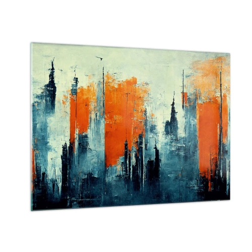 Quadro su vetro - Un panorama urbano moderno nei toni del grigio e dell'arancione - 70x50cm - Paesaggio moderno - Decorazione murale moderna per soggiorno e camera da letto ARTTOR