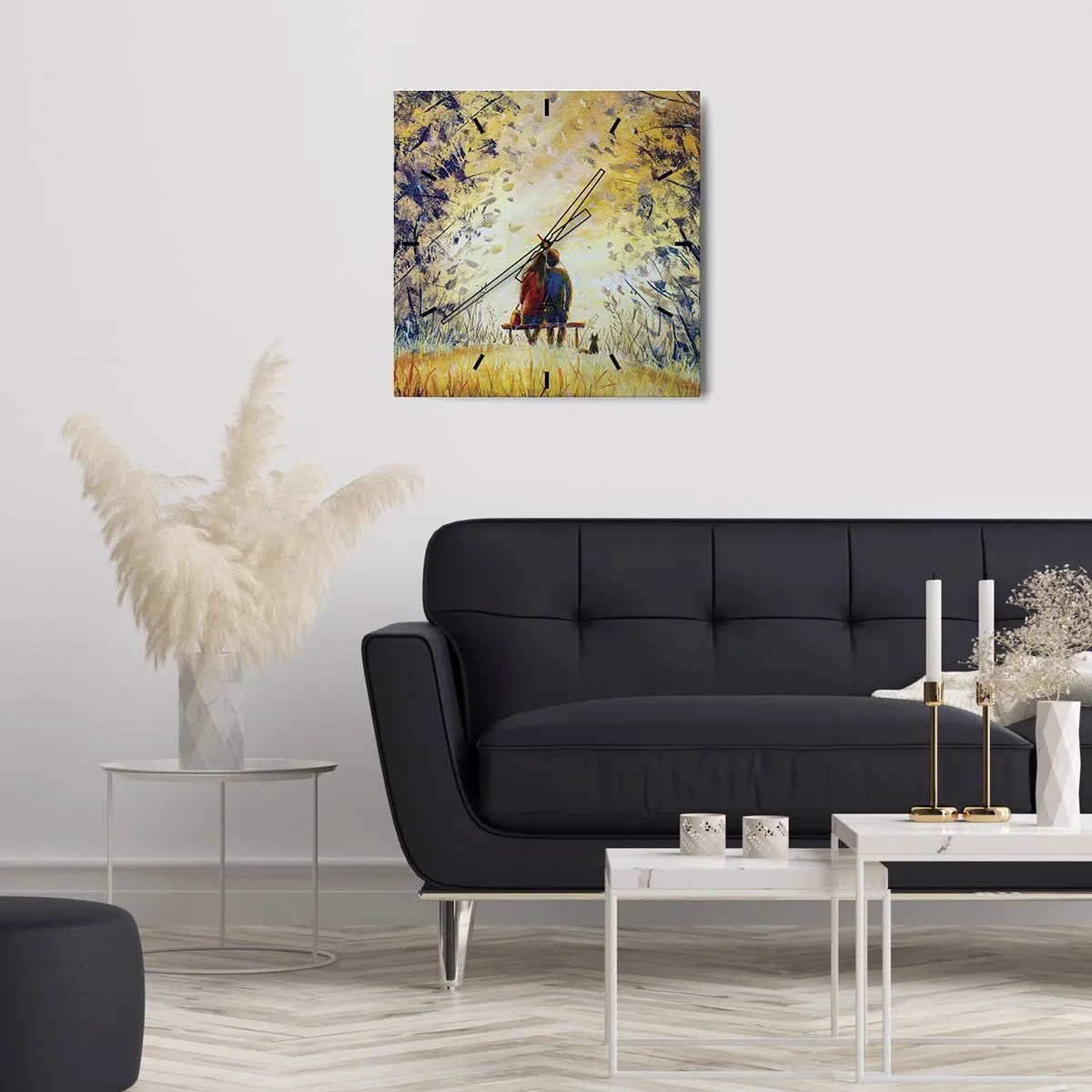 Orologio da parete - Orologio in Vetro - Una coppia seduta su una panchina tra gli alberi autunnali alla luce del sole - 30x30cm - Attimo magico - Decorazione murale moderna per soggiorno e camera da letto ARTTOR