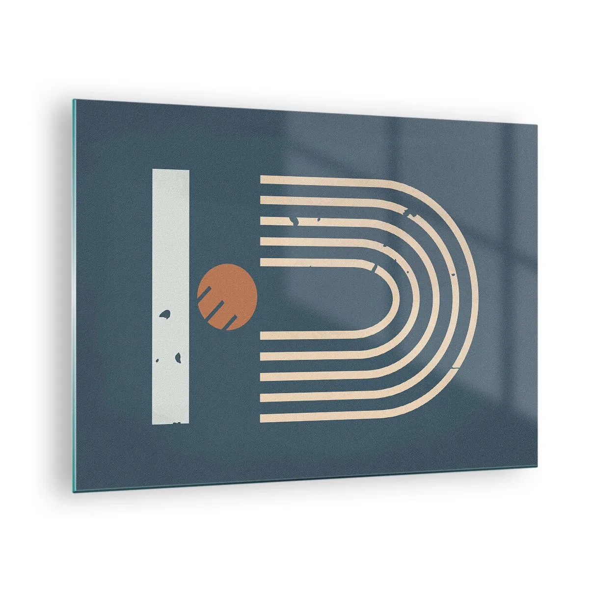 Quadro su vetro - Composizione geometrica retrò su sfondo scuro - 70x50cm - Geometria in blu - Decorazione murale moderna per soggiorno e camera da letto ARTTOR