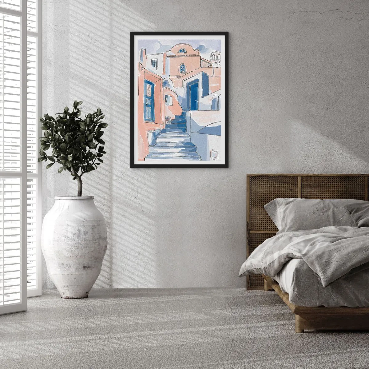 Poster in cornice nera - Una pittoresca strada in stile mediterraneo nei toni del blu - 50x70cm - Città esotica - Decorazione murale moderna per soggiorno e camera da letto ARTTOR