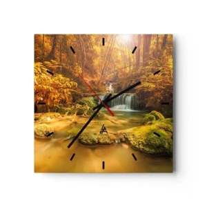Orologio da parete - Orologio in Vetro - Una cascata dorata in una foresta autunnale circondata dal verde - 30x30cm - Cascata boschiva in oro - Decorazione murale moderna per soggiorno e camera da letto ARTTOR