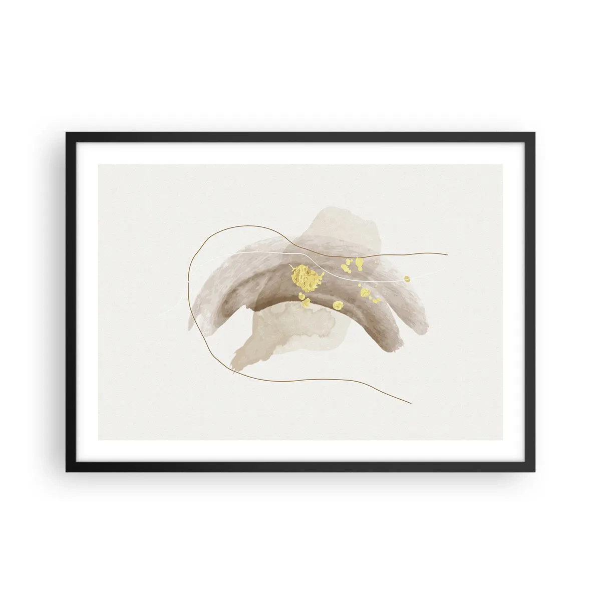 Poster in cornice nera - Una composizione astratta nei toni del beige e dell'oro. - 70x50cm - Incontro nello spazio - Decorazione murale moderna per soggiorno e camera da letto ARTTOR