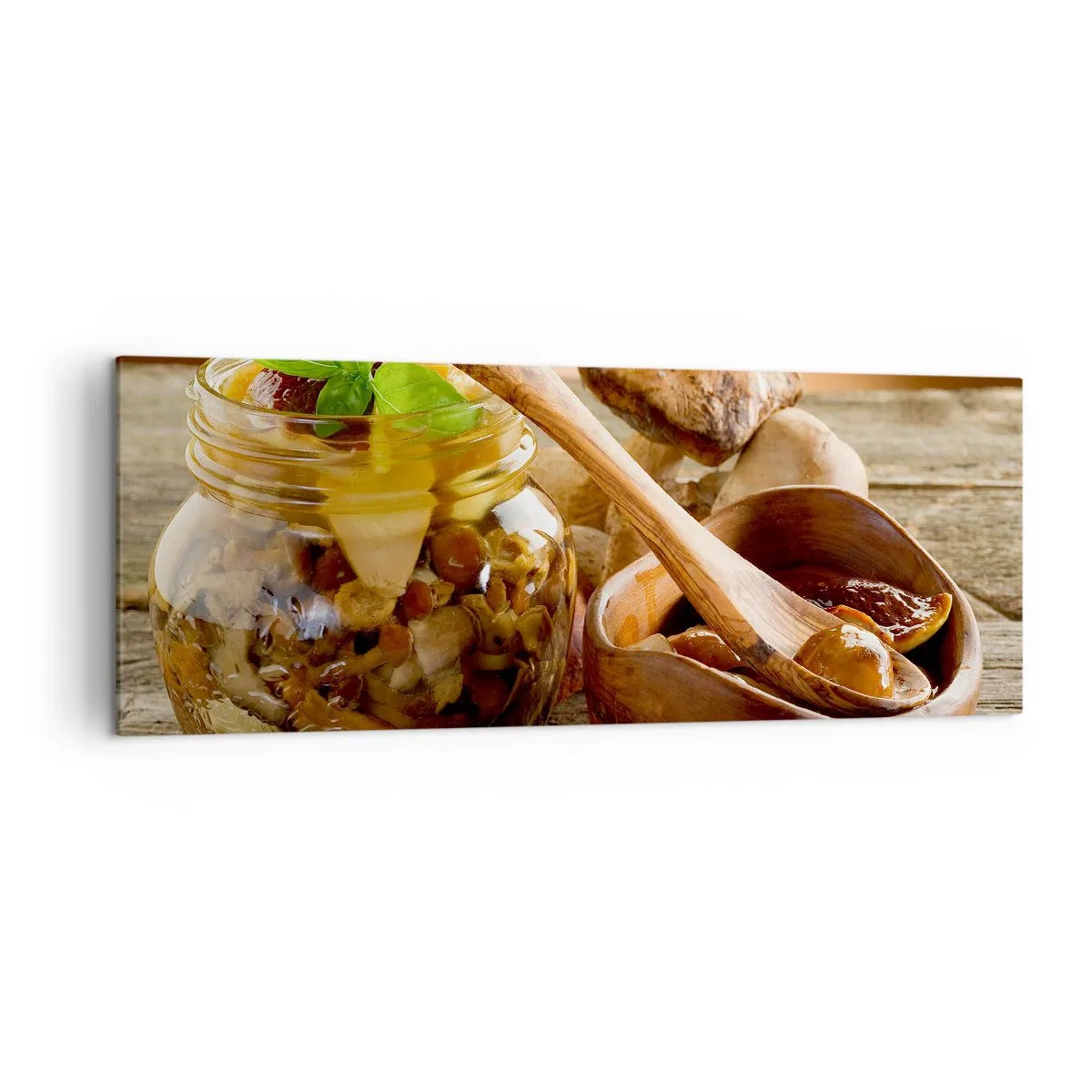 Quadro su tela - Stampe su Tela - Funghi naturali in un barattolo su un tavolo rustico - 140x50cm - Freschi, conservati, autunnali... - Decorazione murale moderna per soggiorno e camera da letto ARTTOR