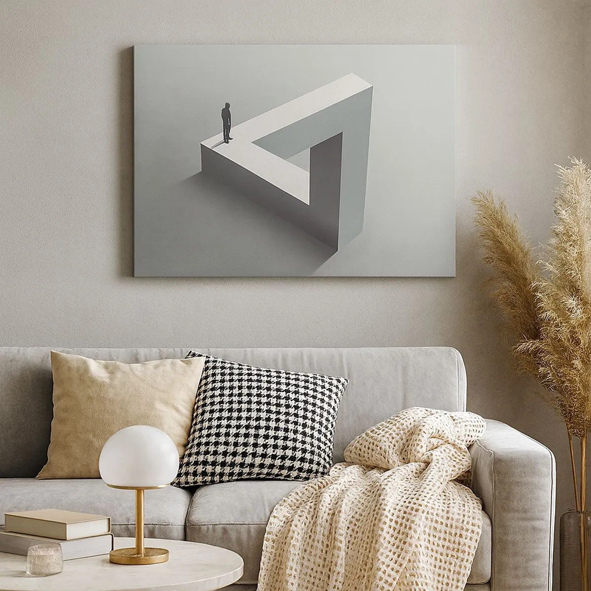 Quadro su tela - Stampe su Tela - Una figura in piedi su un triangolo di Penrose in tonalità di grigio. - 70x50cm - Eppure è possibile - Decorazione murale moderna per soggiorno e camera da letto ARTTOR