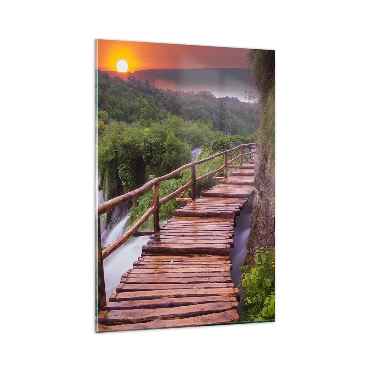 Quadro su vetro - Un ponte che domina le cascate al tramonto - 80x120cm - Una bellezza incredibile - Decorazione murale moderna per soggiorno e camera da letto ARTTOR