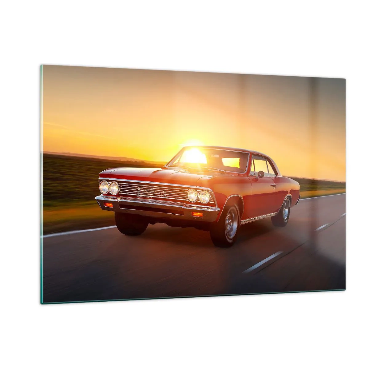 Quadro su vetro - Auto d'epoca rossa contro il sole al tramonto - 120x80cm - Il desiderio è di colore rosso - Decorazione murale moderna per soggiorno e camera da letto ARTTOR