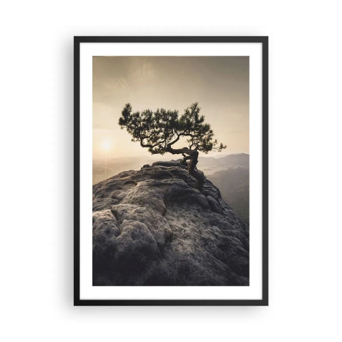 Poster in cornice nera - Un albero solitario su una cima rocciosa alla luce del sole al tramonto - 50x70cm - La vita vince sempre - Decorazione murale moderna per soggiorno e camera da letto ARTTOR