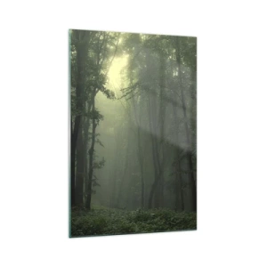 Quadro su vetro - Una foresta verde al mattino avvolta in una delicata nebbia - 70x100cm - Prima che si svegli - Decorazione murale moderna per soggiorno e camera da letto ARTTOR