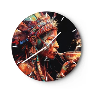 Orologio da parete - Orologio in Vetro - Un ritratto colorato di una donna con un copricapo di piume durante un rituale. - 30x30cm - Rituale magico - Decorazione murale moderna per soggiorno, cucina e camera da letto ARTTOR