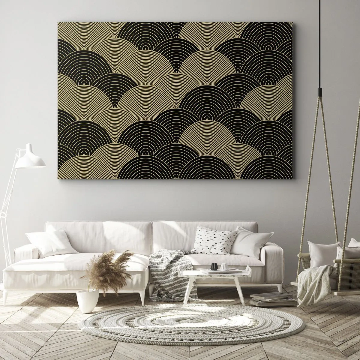 Quadro su tela - Stampe su Tela - Motivo Art Déco con semicerchi e linee dorate - 70x50cm - Unità nella molteplicità - Decorazione murale moderna per soggiorno e camera da letto ARTTOR