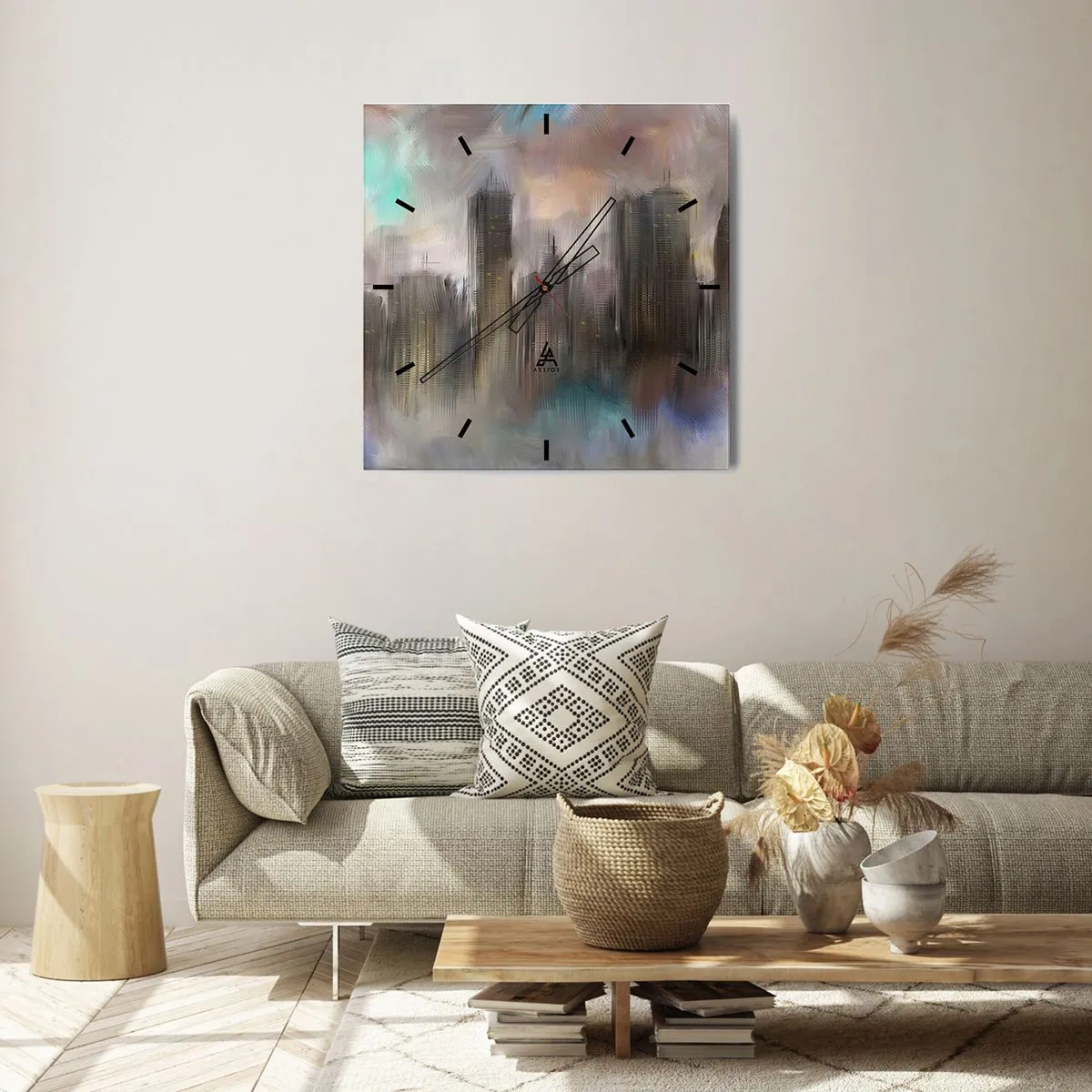 Orologio da parete - Orologio in Vetro - Composizione con acciaio, pietra e nebbia - 40x40 cm