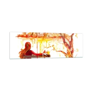 Quadro su vetro - Scena ad acquerello di una donna su una panchina con vista sulla città - 160x50cm - Un momento di riflessione - Decorazione murale moderna per soggiorno e camera da letto ARTTOR