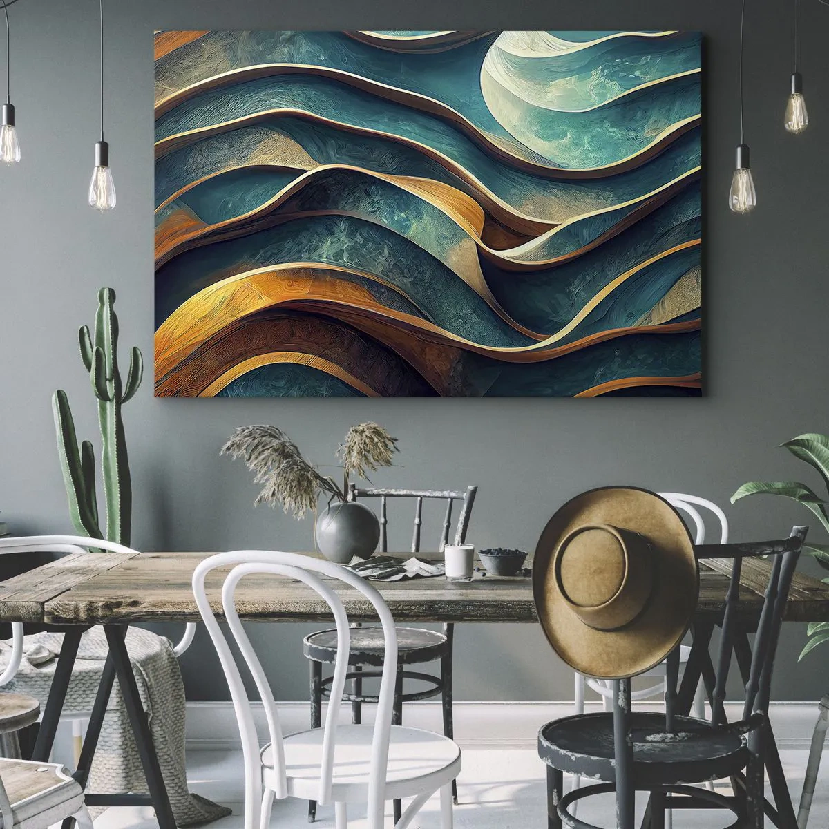 Quadro su tela - Stampe su Tela - Onde astratte nei toni del turchese e dell'oro - 70x50cm - I meandri del blu - Decorazione murale moderna per soggiorno e camera da letto ARTTOR