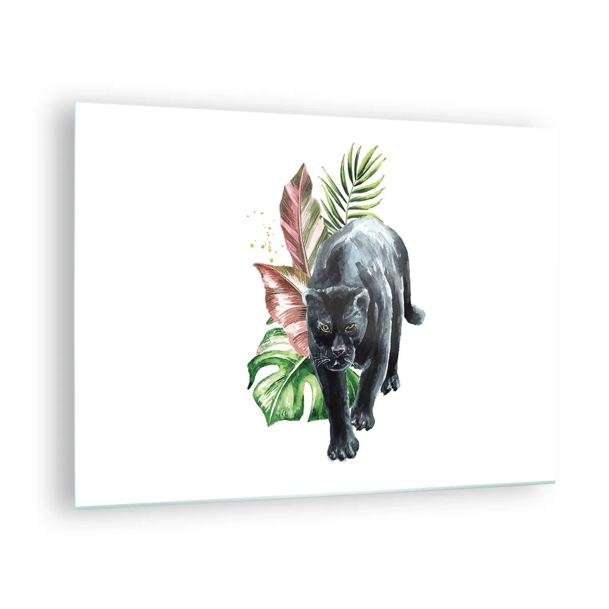 Quadro su vetro - Pantera nera su uno sfondo di foglie tropicali in stile acquerello - 70x50cm - Cuore selvaggio - Decorazione murale moderna per soggiorno e camera da letto ARTTOR