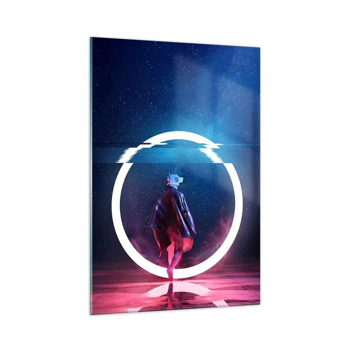 Quadro su vetro - Un personaggio in un ambiente futuristico con un cerchio al neon - 70x100cm - Tra due mondi - Decorazione murale moderna per soggiorno e camera da letto ARTTOR