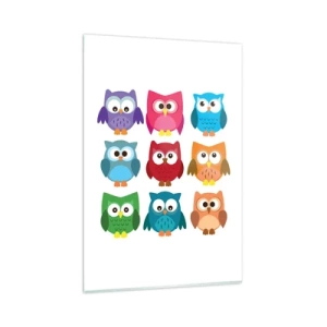Quadro su vetro - Illustrazioni colorate di gufi in stile infantile - 80x120cm - Essere diversi può essere divertente - Decorazione murale moderna per soggiorno e camera da letto ARTTOR