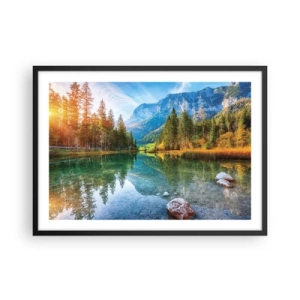 Poster in cornice nera - Un lago pittoresco circondato da montagne e foreste - 70x50cm - La mitezza dell'autunno - Decorazione murale moderna per soggiorno e camera da letto ARTTOR