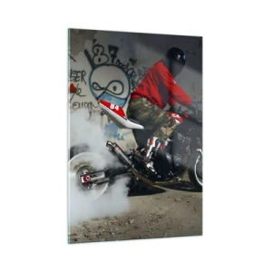 Quadro su vetro - Motociclista in azione in un ambiente industriale - 50x70cm - Inseguimi! - Decorazione murale moderna per soggiorno e camera da letto ARTTOR