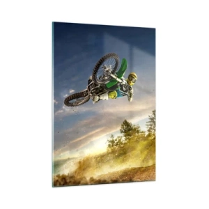 Quadro su vetro - Un motociclista in azione sullo sfondo del sole al tramonto - 50x70cm - Accendi le emozioni! - Decorazione murale moderna per soggiorno e camera da letto ARTTOR