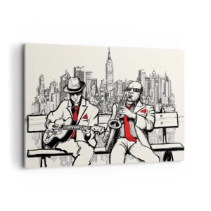 Quadro su tela - Stampe su Tela - Un duo jazz con sassofono e chitarra sullo sfondo della città - 120x80cm - Improvvisare a New York - Decorazione murale moderna per soggiorno e camera da letto ARTTOR