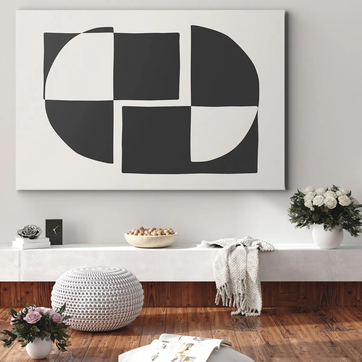 Quadro su tela - Stampe su Tela - Forme geometriche astratte in bianco e nero - 70x50cm - Antitesi - sintesi - Decorazione murale moderna per soggiorno e camera da letto ARTTOR