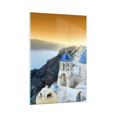 Quadro su vetro - Vista di Santorini con edifici bianchi e mare blu - 80x120cm - Santorini: aggrappate alle rocce - Decorazione murale moderna per soggiorno e camera da letto ARTTOR